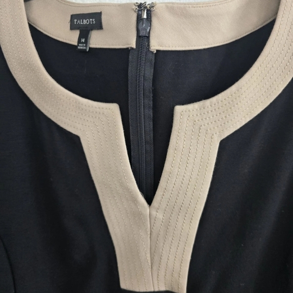 Talbots Sheath Dress Sz 14 Women Black Tan Pointe Knit 3/4 Sleeves Party - Picture 9 of 11